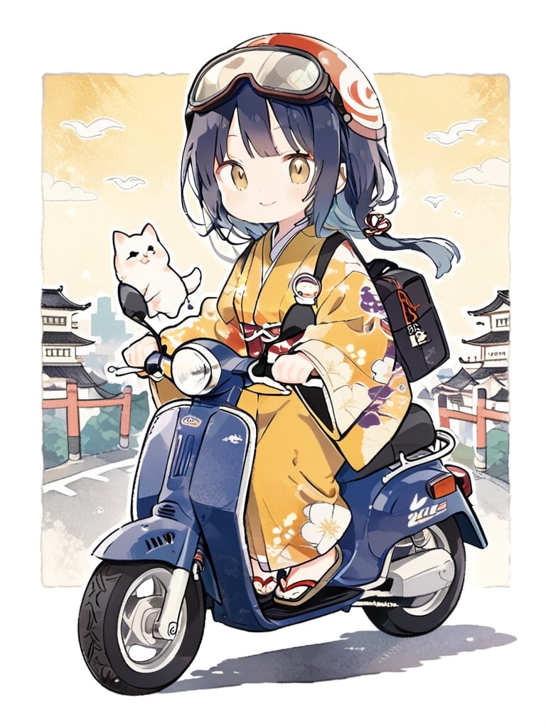 masterpiece, best quality, high Resolution, chibi style, cute illustration, full shot
1girl, kimono, blue hair, long hair, yellow eyes, smiling
kimono girl riding honda super cub c50, super cub c50, wear half helmet, wear goggles
street, city, morning, hair flying, torii, cute bag, stikers on super cub c50, stikers on helmet, ukiyo-e background, ani_booster, kuchiki rukia, looking_at_viewer, aesthetic