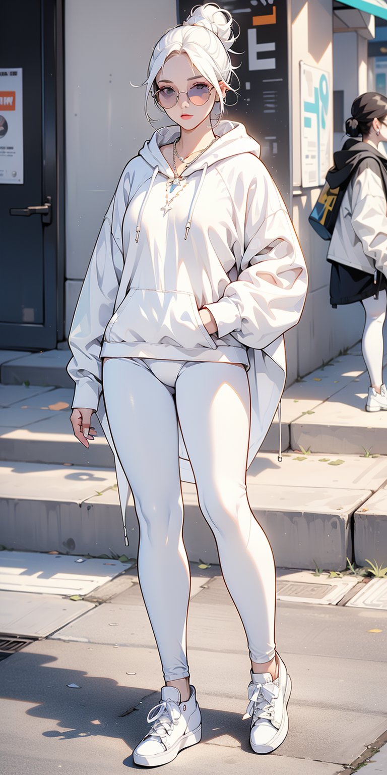 1 girl, lady, bright color, over size long shirt, (graphic_oversize_hooded:1.2),  (white_leggings:1.5), converse sneakers, rainbow sun glasses, fine purse, high end necklace, full body, hair bun, walking on crossing, NYC street,