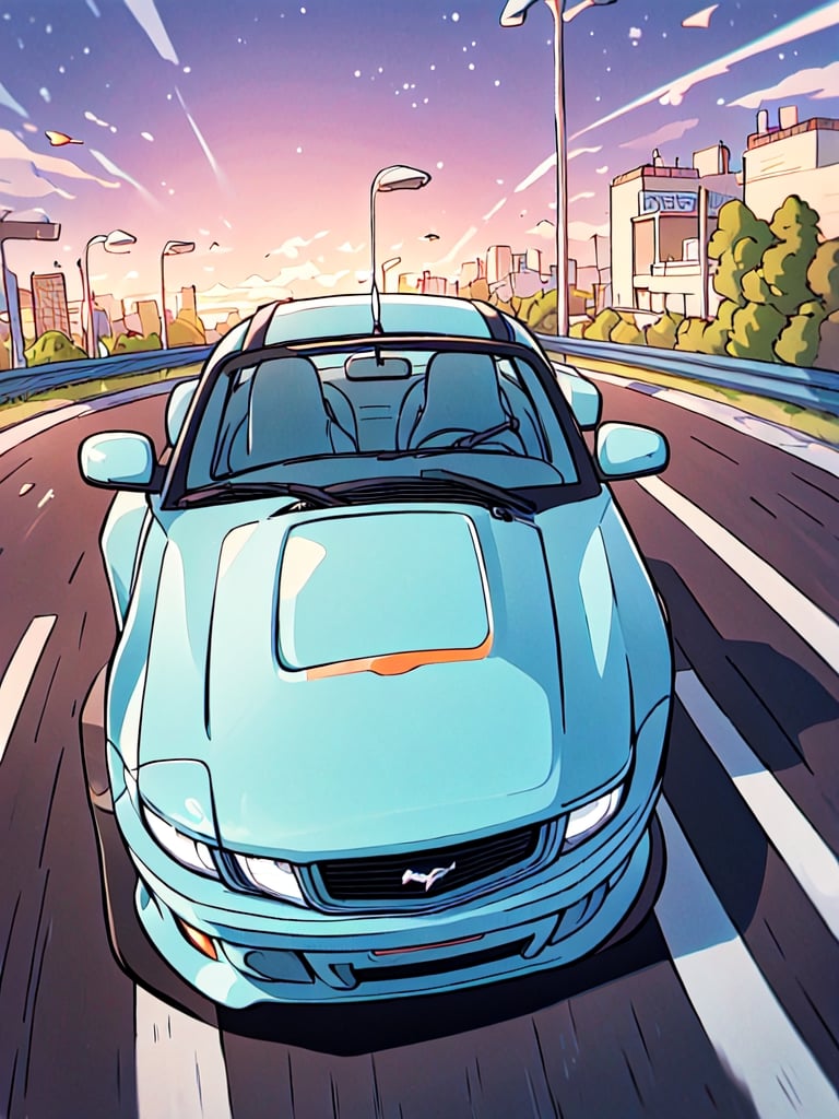 masterpiece, best quality, high Resolution, toriyama_akira style
1girl, gray hair, gray eyes, wears sunglasses, viewer from ground
driving ford mustang convertable, racing painting, 
road, sky, city
