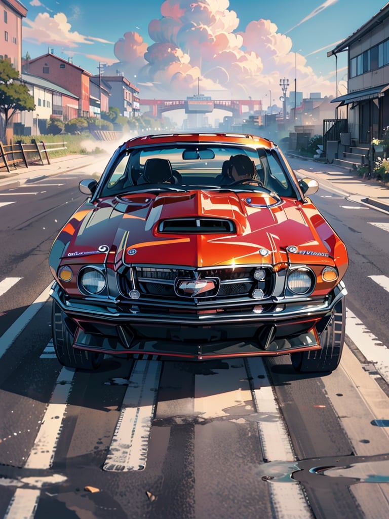 masterpiece, best quality, high Resolution, toriyama_akira style,
1970 ford mustang convertible, 1970 mustang convertible, 
road, sky, city, morning, racing car painting, midjourney, car, cloudstick