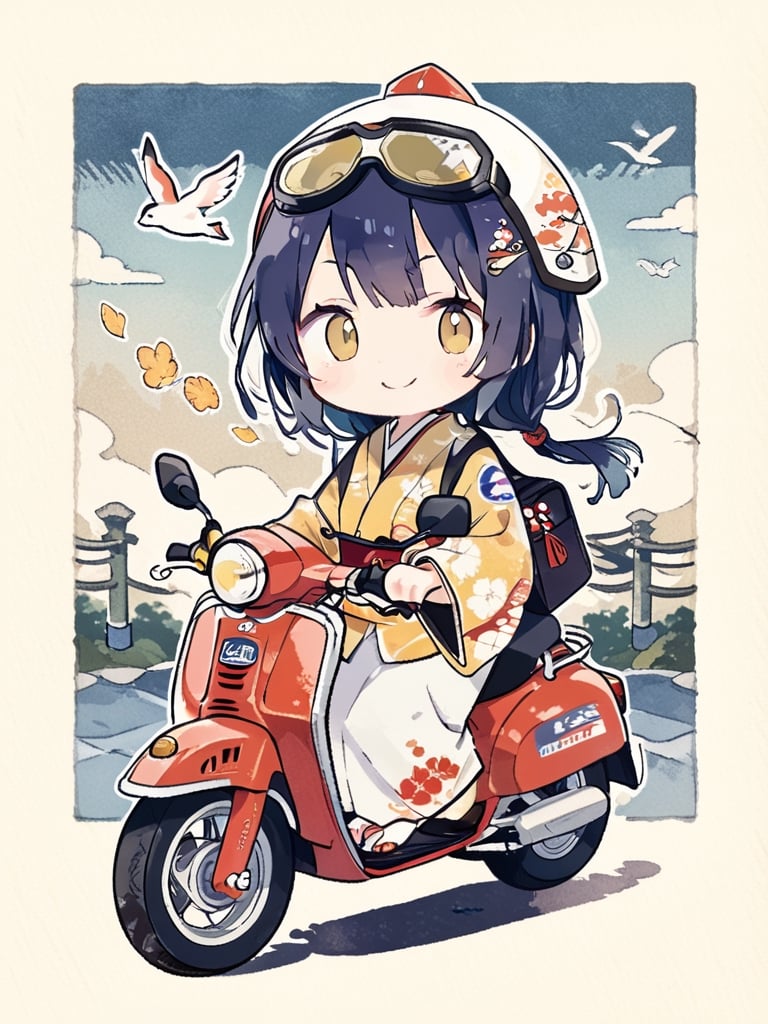 masterpiece, best quality, high Resolution, chibi style, cute illustration, full shot
1girl, kimono, blue hair, long hair, yellow eyes, smiling
kimono girl riding honda super cub c50, super cub c50, wear half helmet, wear goggles
street, city, morning, hair flying, torii, cute bag, stikers on super cub c50, stikers on helmet, ukiyo-e background, ani_booster, kuchiki rukia, looking_at_viewer, aesthetic, red ink stamp