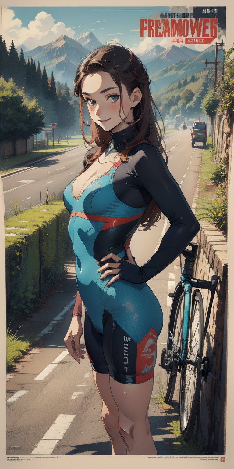 masterpiece, best quality, (((corect ratio))), chest up, poster, beautiful woman, breasty, morden road bicycle, morden road bicycle suit, long blue hair, pink streak hair, smile, very lively pose, mountainous scenery, flat illustration, dualtone