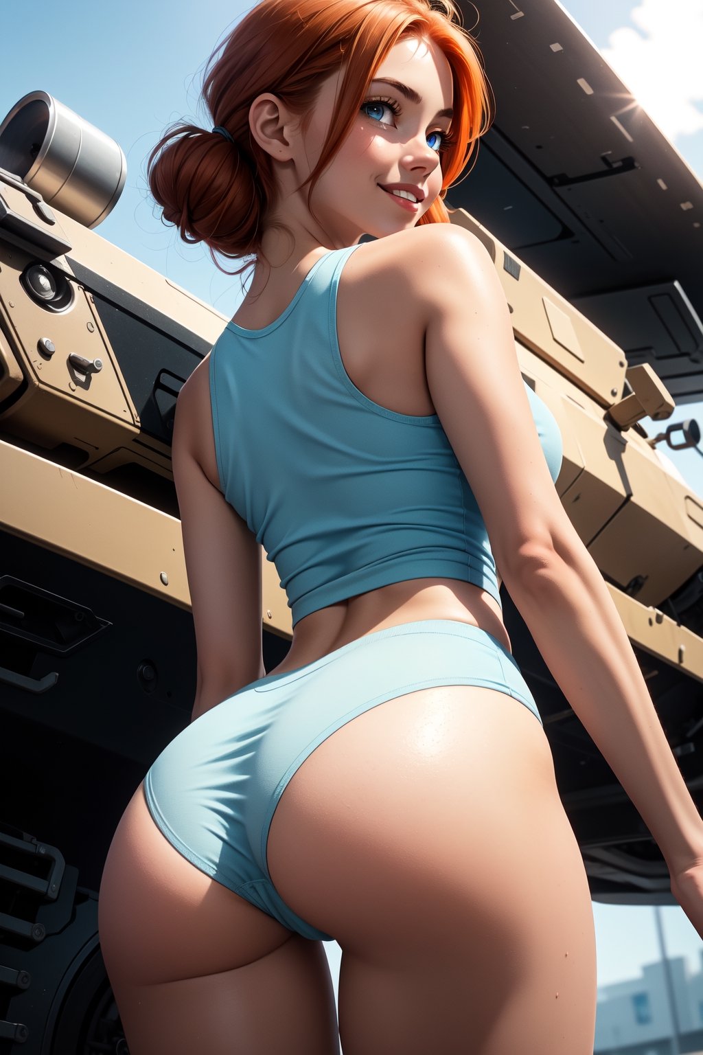 1girl, parted lips,  from back, focus on ass close up, low angle, presenting ass,  on a parking lot MILITARY cars, light smile, (light blue eyes, long  red ginger hair), dynamic,  uniform (white thight tank top ,military style)  thigh gap, medium brests , light rays, glow, thighs, collarbone, narrow waist, slim body,  (masterpiece), wallpaper, cluseller, 