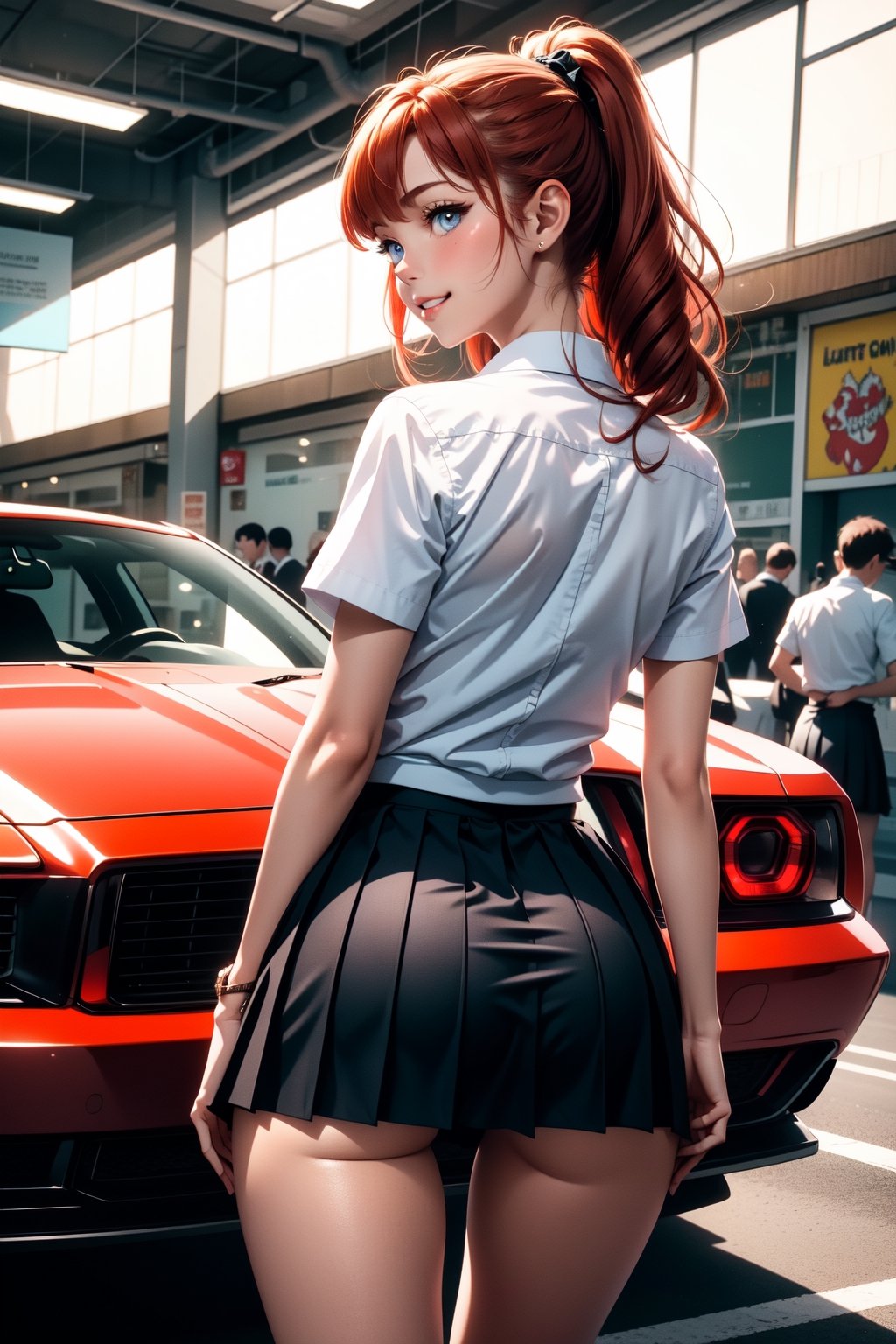 1girl, parted lips,  from back, presenting ass,  light smile, (light blue eyes, long  red ginger hair), school uniform (white thight shirt ,short cute school skirt),skirt up, show ass thigh gap, medium brests , light rays, glow, thighs, collarbone, narrow waist, slim body,  (masterpiece), wallpaper, cluseller, on a parking lot muscle cars