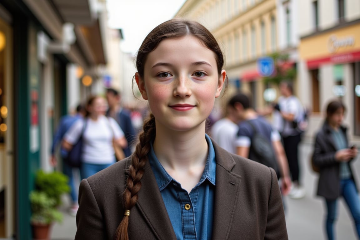 Candid scene of a woman with tall and slender build, striking features, and long black hair in a long french braid. Her porcelain-like complexion is accentuated by a sprinkling of freckles across the bridge of her nose. She is busy in everyday life and does not seem to notice the camera.