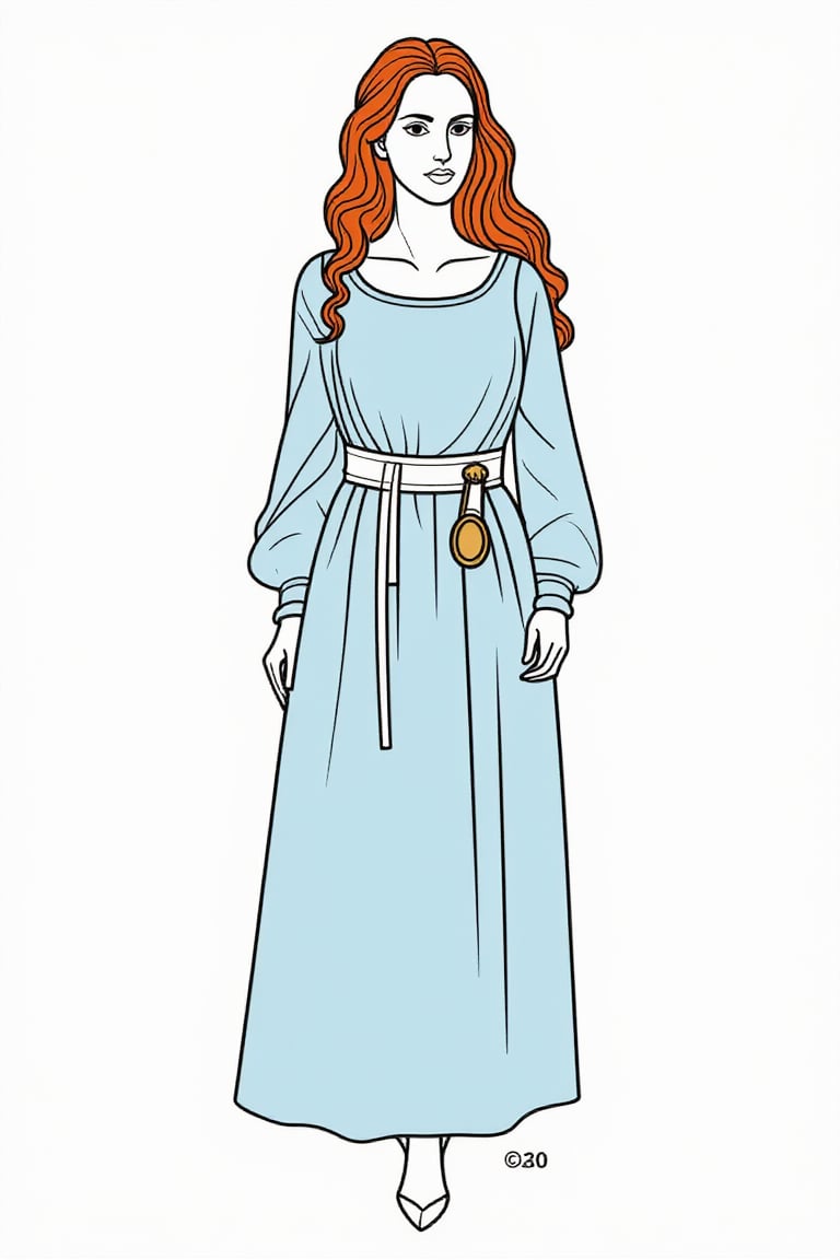 minimalist_line_style Character sketch on a white background. A 30-year-old woman, long curly red hair, wearing a medieval style uniform of a light blue linen. A leather belt around her waist holds a keyring of old and new keys and a leather satchel pouch. She stands up straight with a determined look on her face.