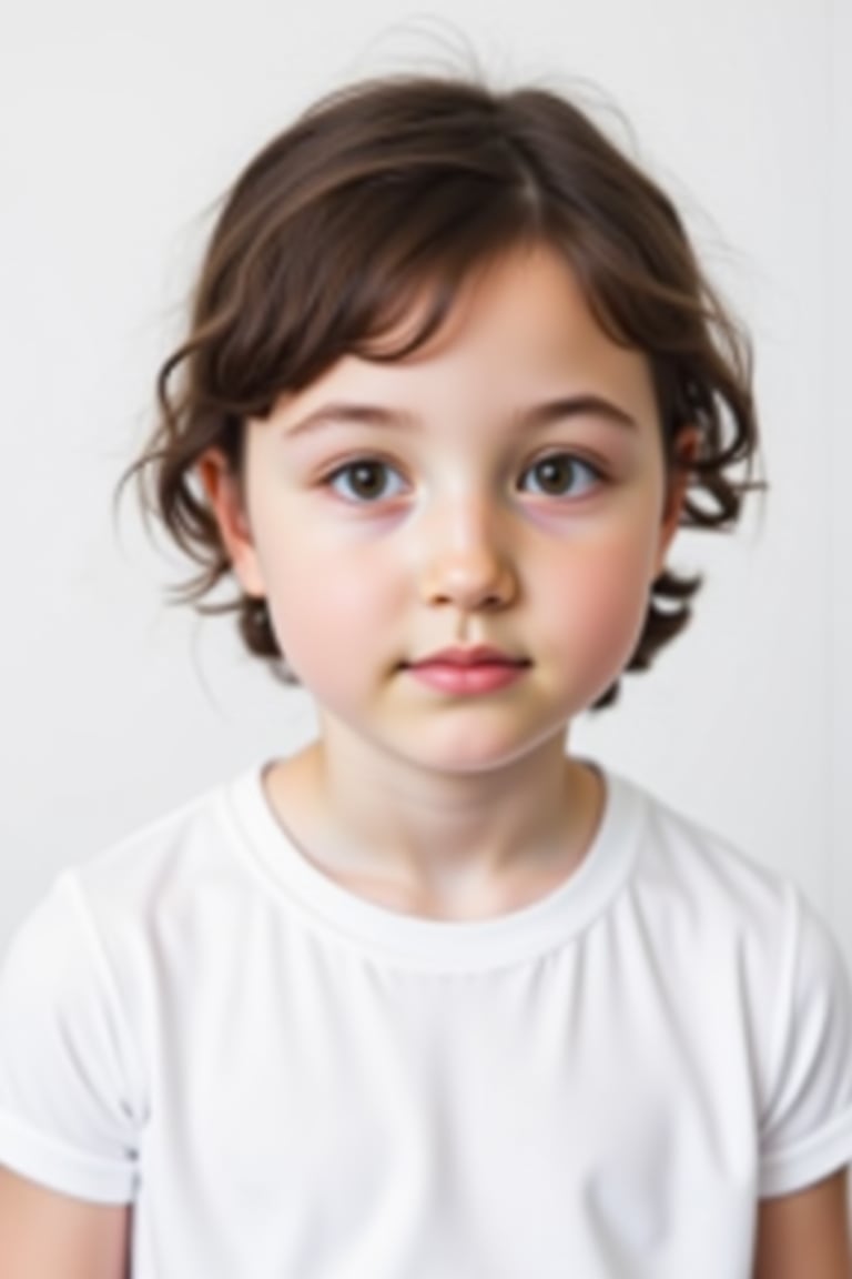 Sharp focus. A close-up portrait shot of a infant girl wearing a white teeshirt with a neutral expression, gazing directly into the camera lens. The subject's whispy hair is short and dark, framing their face against a crisp white background that provides a clean and minimalist contrast. The overall focus is on the subject's facial features.