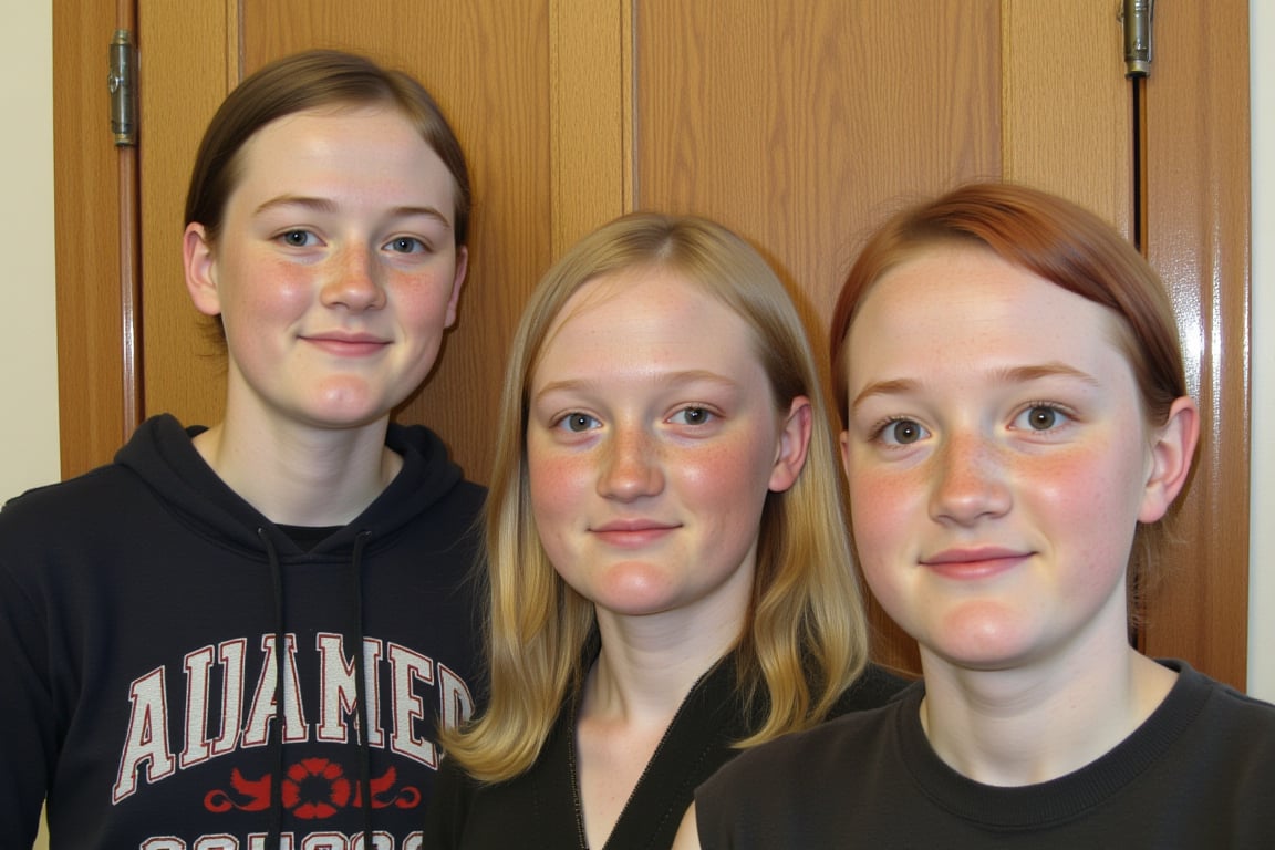 candid family photograph: the oldest 18yo girl has tan skin and brown hair, the middle 15yo girl has a round face,  pale freckled skin and blonde hair, the youngest 12yo sister is athletic and has very pale skin, ginger freckles and copper_red hair. 