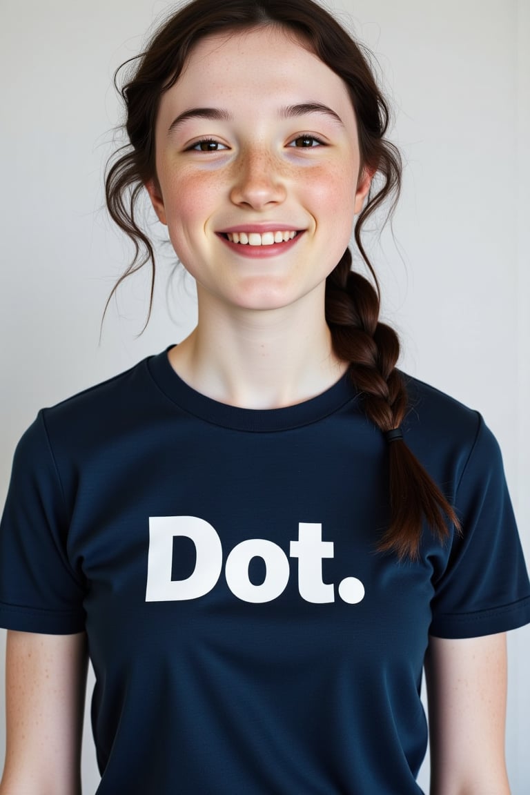 minimalist_line_style close-up portrait shot of an 30 year old woman wearing a dark blue teeshirt with the word "Dot." emblazoned on it in bold white block text, laughing and smiling, gazing into the camera lens at an angle. The subject's black hair is long and in a plait, framing her pale freckled face against a clean and minimalist background. The overall focus is on the subject's facial features.,