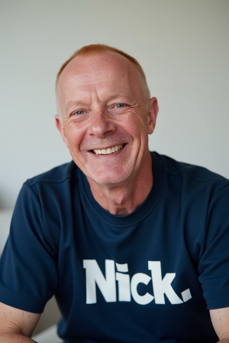  close-up portrait shot of a 60 year old man wearing a dark blue teeshirt with the word "Nick."  emblazoned on it in bold white block text, laughing and smiling, gazing into the camera lens at an angle. The subject's pale red hair is short and neat, framing his long face against a clean and minimalist background. The overall focus is on the subject's facial features.,