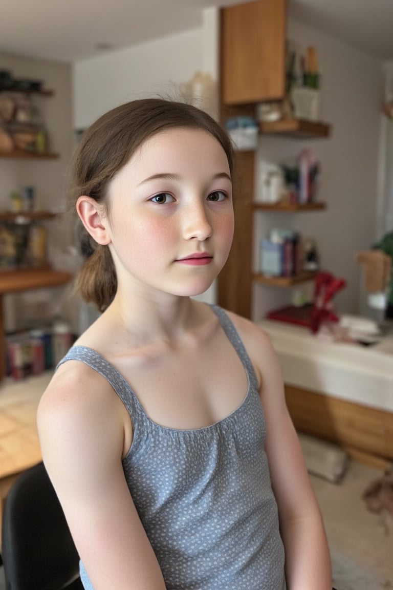 close up portrait photograph of a 9 year old girl child, pale freckled skin, black hair, chignon, slim endomorph, nineten