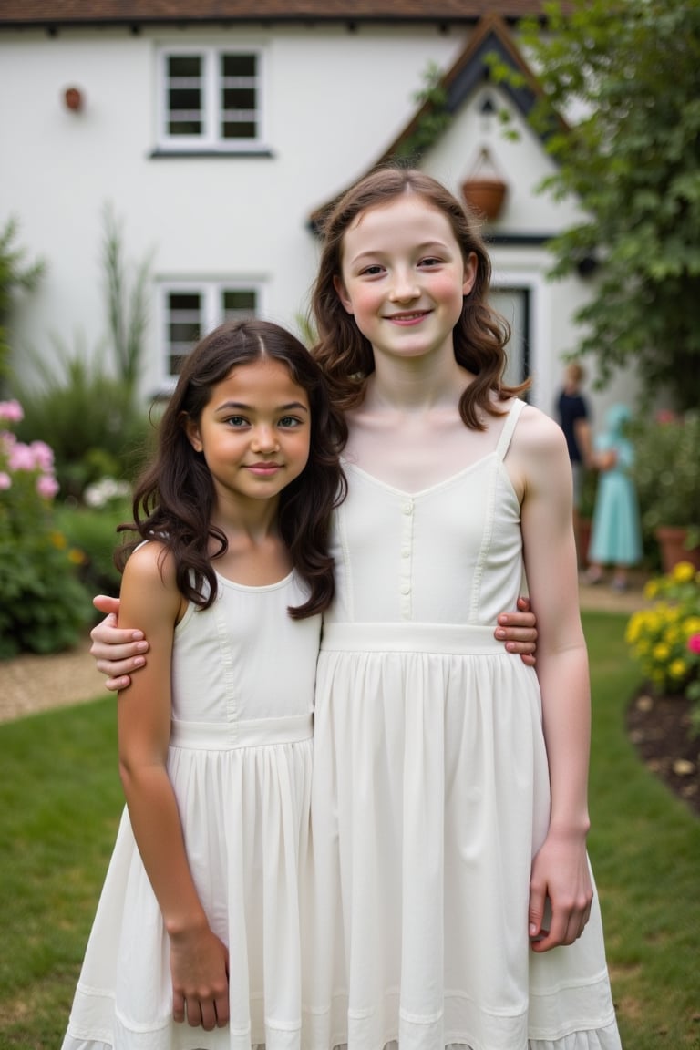 A serene afternoon scene: two friends, young child girls, worlds apart in stature, stand united by their laughter and warm smiles. The statuesque brown eyed beauty, pale skin aglow with freckles, her wavy black hair cascading down her back, stands alongside her shoulder-height counterpart, short black hair framing blue eyes on dark biege skin. Both girls don sheer white summer dresses, a soft contrast to the rustic charm of the English country cottage behind them, its whitewashed facade and greenery-filled gardens creating a picturesque backdrop for their joyful camaraderie.