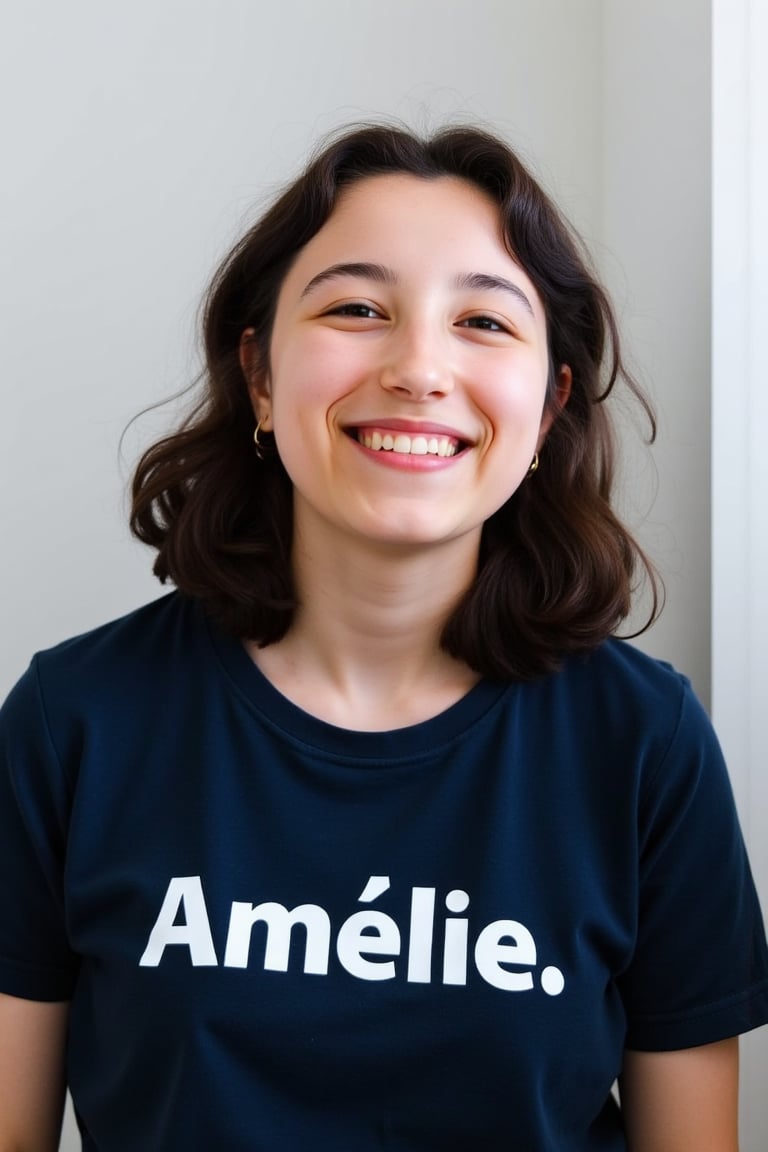 minimalist_line_style close-up portrait shot of an 60 year old woman wearing a dark blue teeshirt with the word "Amèlie." emblazoned on it in bold white block text, laughing and smiling, gazing into the camera lens at an angle. The subject's hair is long and dark, framing her face against a clean and minimalist background. The overall focus is on the subject's facial features.,