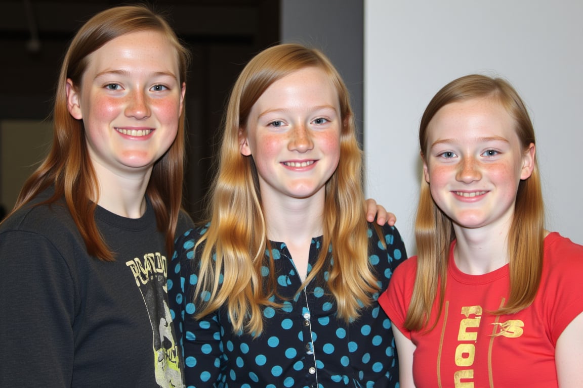 candid family photograph: the oldest 18yo girl has tan skin and brown hair, the middle 15yo girl has a round face,  pale freckled skin and blonde hair, the youngest 12yo sister is athletic and has very pale skin, ginger freckles and red hair. All three are smiling.