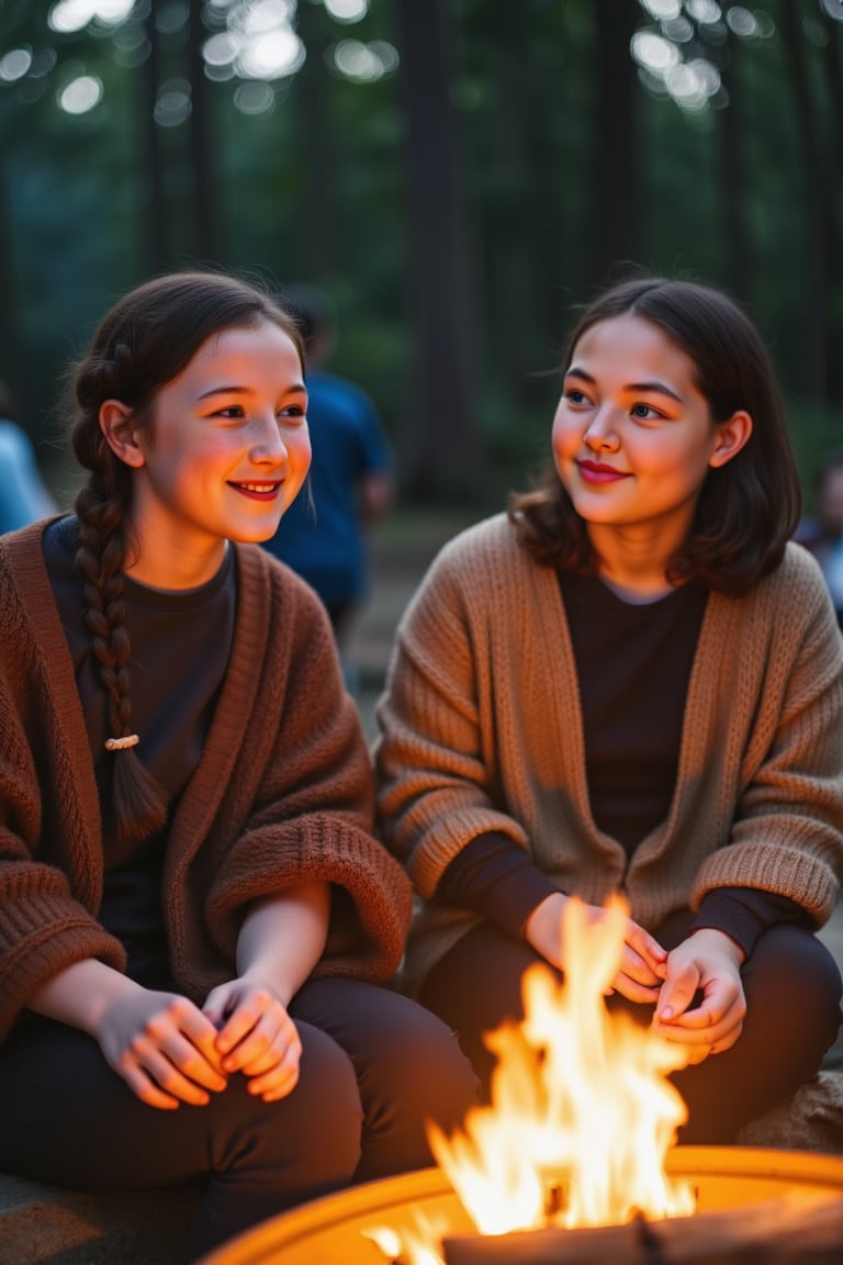 Candid scene of two young girls sitting at a campfire, wrapped in brown woolen blankets. The first girl is tall and slender build with striking features and long black hair in a long french braid. Her porcelain-like complexion is accentuated by a sprinkling of freckles across the bridge of her nose. The second is short with a thick endomorphic build. She has dark tan skin, dark brown hair in a bob. Both girls are smiling as they talk to each other and pay no heed to the camera.