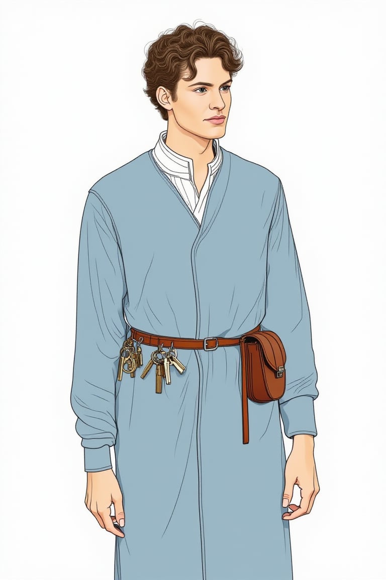 minimalist_line_style Character sketch on a white background. A 40-year-old man, short curly brown hair, wearing a medieval style uniform of a light blue linen. A leather belt around his waist holds a keyring of old and new keys and a leather satchel pouch. He stands slightly slumped and looks sad.