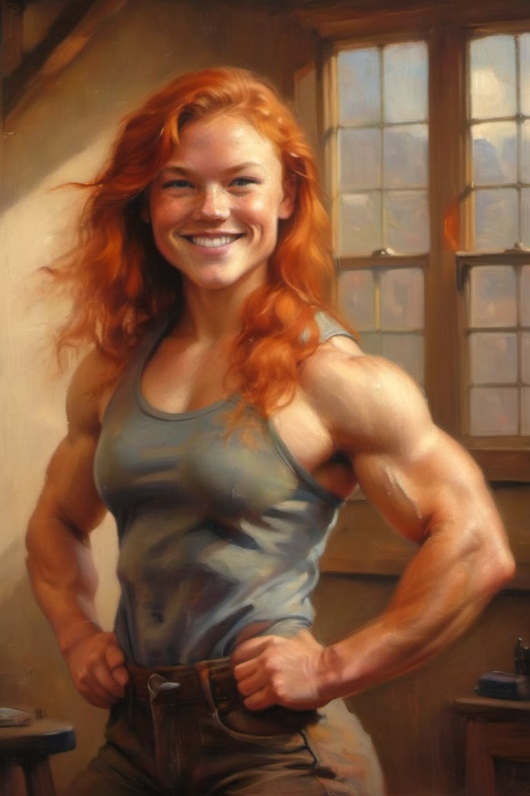 A 16-year-old girl with striking copper-red hair and toned physique strikes a neutral pose, her bright smile illuminating the serene atmosphere. Soft natural light wraps around her, accentuating the warm hues of her locks and highlighting the definition of her muscles.