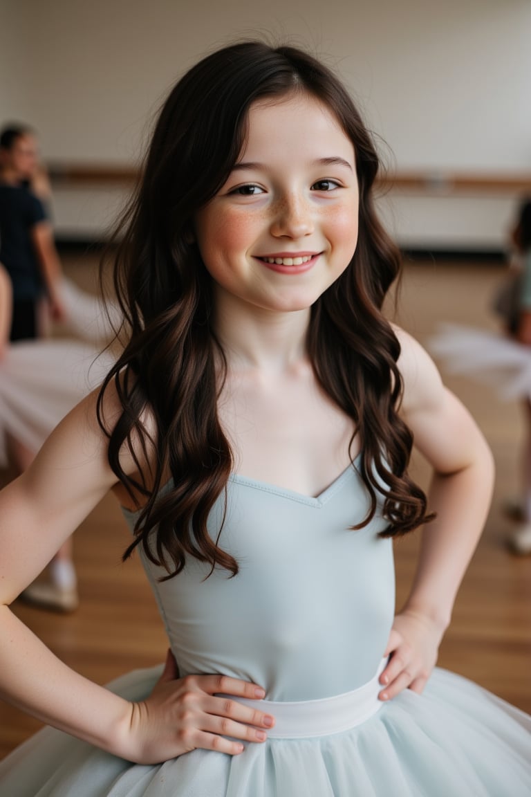 Full body length photo of a teenage ballerina dancing, beaming with a warm smile, her porcelain-pale skin glowing under the soft studio lighting. Her long, black hair cascades down her back, framing face and scattering freckles across the bridge of her nose. Her brown eyes sparkle with joy, as she radiates youthful energy and enthusiasm for her dance passion.