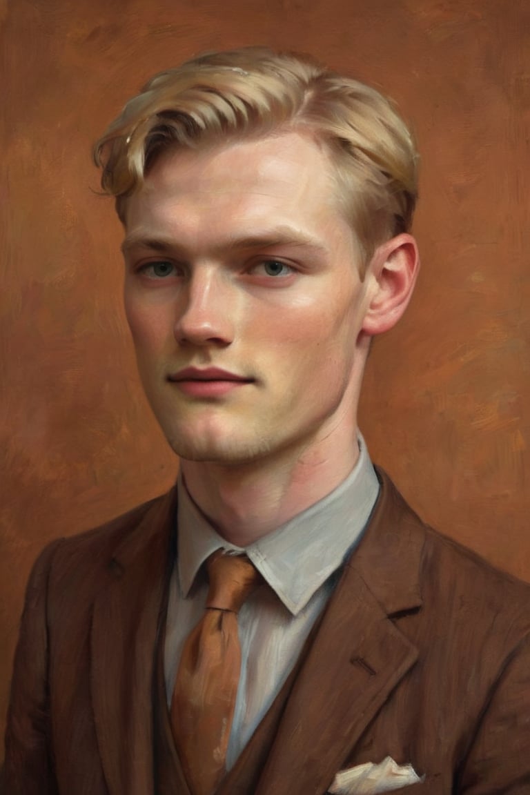 Man 30 year old, dutch, blonde, pale skin, square jaw.
Against the plain, terracotta backdrop of an Art Deco design, a charismatic individual poses waist-up, their hair styled with subtle texture and eyes locking onto the camera lens with unbridled confidence. The soft, warm glow illuminates them highlighting delicate features and accentuating their figure.