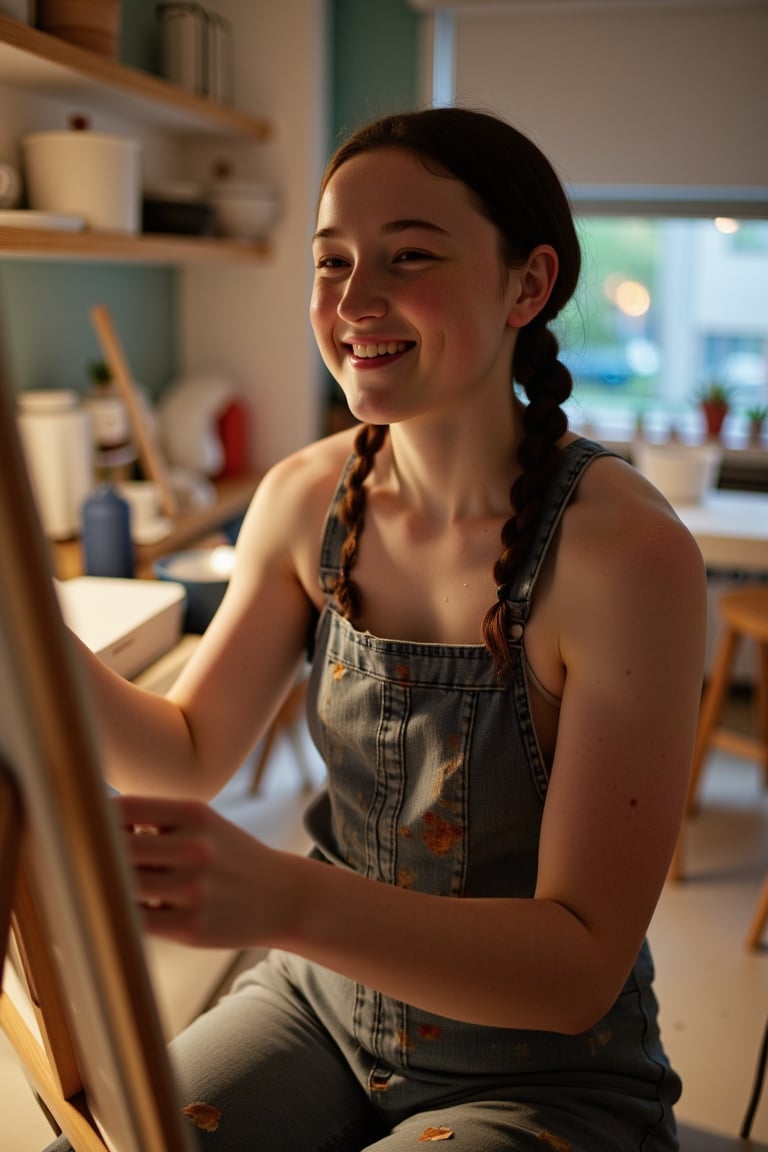 A candid photograph of a woman beaming with joy, her tall and slender figure illuminated by soft, warm lighting as she paints a picture. She wears messy, paint spotted clothes. Her long black hair is styled in a waist-length plait.