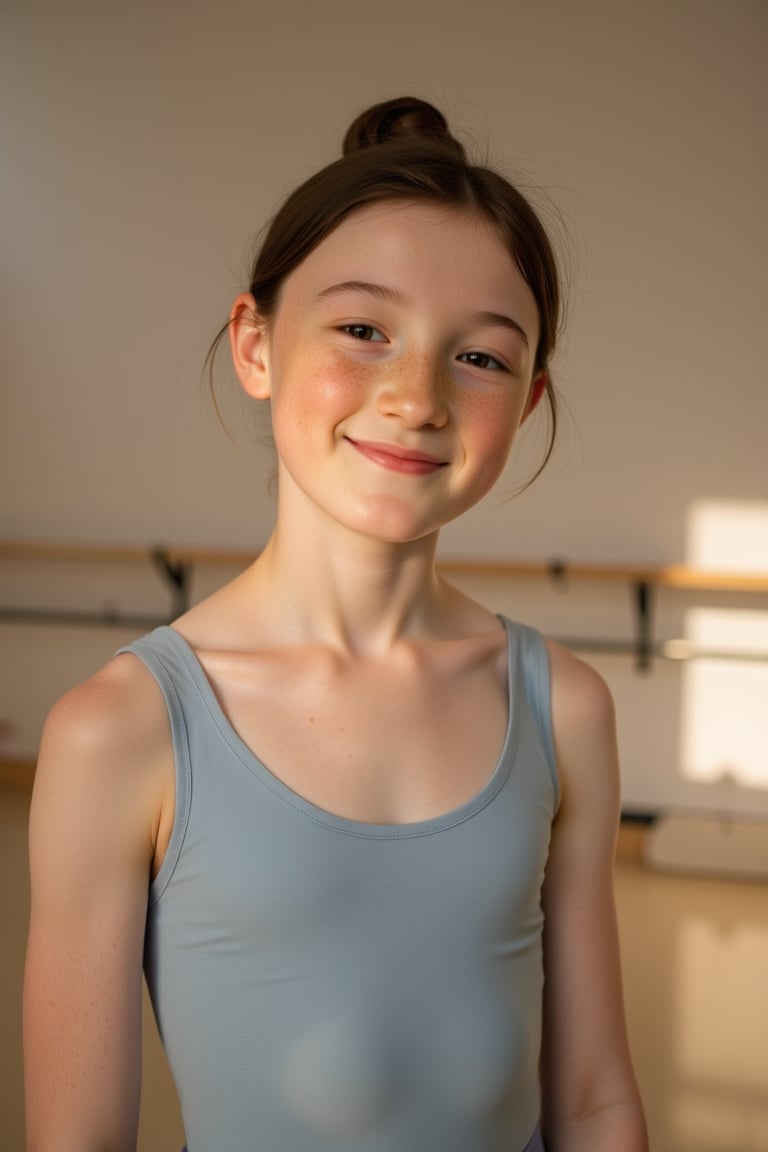 A close-up shot of a 10-year-old ballerina beaming with joy, her tall and slender figure illuminated by soft, warm lighting. pale skin. Her black hair is styled in a sleek bun, revealing scattered freckles across her cheeks. MsLauren's gentle smile hints at a lifetime of dedication to her craft, as she stands poised, one leg slightly bent in a subtle ballet pose, surrounded by the quiet elegance of a minimalist studio setting.