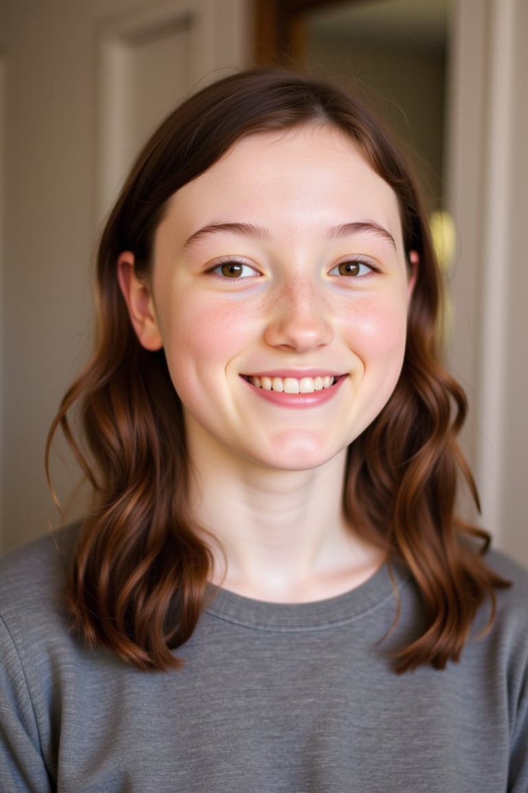 Close-up portrait photograph of a young woman, smiling. 