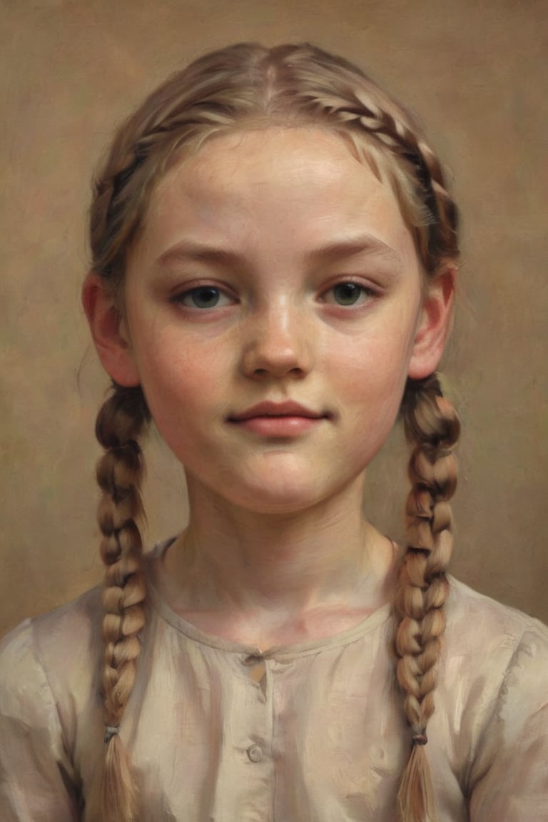  Portrait of a young girl: a young girl with tied in double plaits gazes directly at the camera, exuding confidence. Her skin glows under the soft, warm lighting, accentuating her features. The framing of the shot showcases her unique beauty.