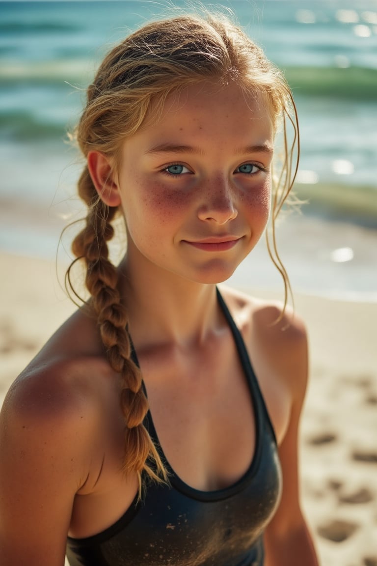 Wide angle shot of a 15-year-old girl, sporting long hair in a plait and pale skin with freckles, capturing her youthful essence. She is wearing a wetsuit, standing under an outdoor shower at the beach. Soft natural light illuminates the scene, casting a warm glow on her muscular build.