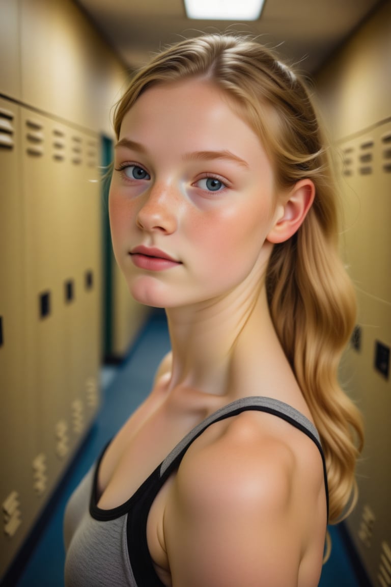 Wide angle shot of a 18-year-old girl, sporting long  hair in a ponytail and  flawless skin, capturing her youthful essence. She stands slightly turned with one leg bent, her gaze directly into the camera lens. Wide spaced blue eyes. Soft natural light illuminates the scene, casting a warm glow on her features. The composition focuses on her face, with the locker room's beige walls subtly blurred in the background