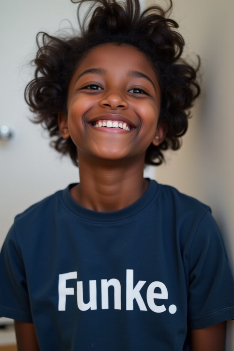 minimalist_line_style close-up portrait shot of an 13 year old Nigerian-english girl wearing a dark blue teeshirt with the word "Funke." emblazoned on it in bold white block text, laughing and smiling, gazing into the camera lens at an angle. The subject's whispy hair is short and black, framing her black skin face against a William Morris inspired background that provides a clean and minimalist contrast. The overall focus is on the subject's facial features.,