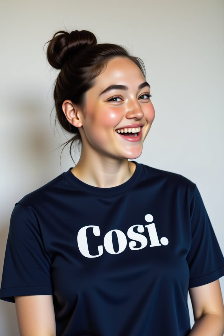 close-up portrait shot of a 20 year old woman wearing a dark blue teeshirt with the word "Cosi." emblazoned on it in bold white block text, laughing and smiling, gazing into the camera lens at an angle. The subject's long black hair is in a chignon, framing her square face against a clean and minimalist background. The overall focus is on the subject's facial features.,