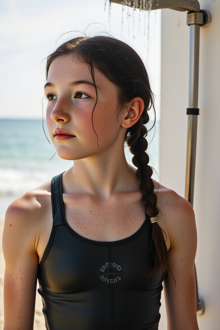 Wide angle shot of a 15-year-old girl, sporting long black hair in a plait and pale skin with freckles, capturing her youthful essence. She is wearing a wetsuit, standing under an outdoor shower at the beach. Soft natural light illuminates the scene, casting a warm glow on her muscular build.