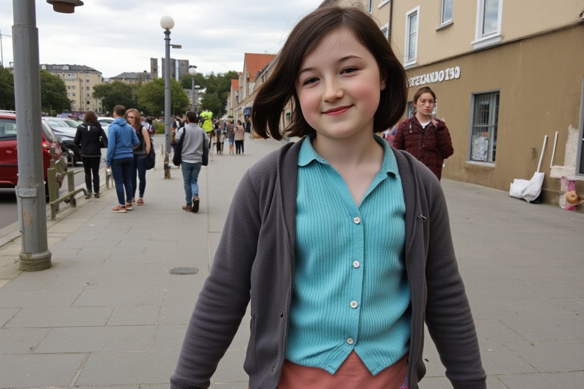 Candid photograph of a young teenage girl with long black hair and pale skin going about her day. She is 13 years old. 