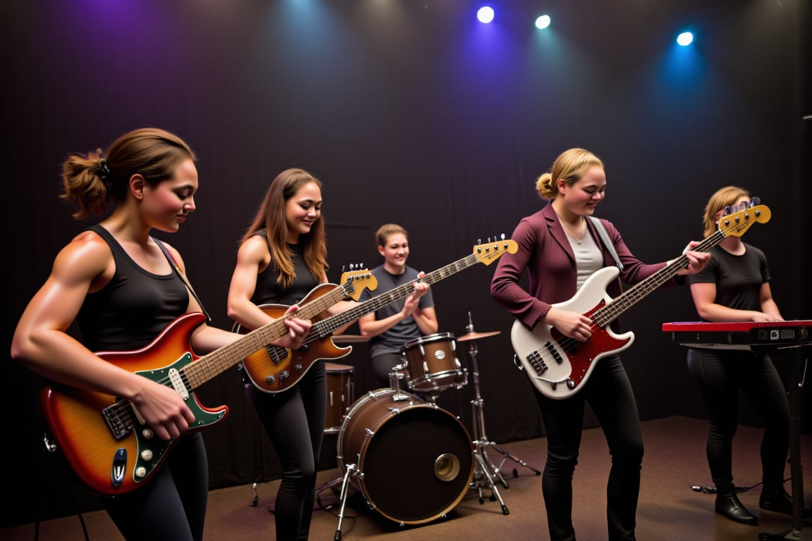 A close-up shot of the five-piece rock band, 'Electric Storm,' as they rehearse in a dimly lit, crowded music venue. Three girls with dark tan skin and brown hair - lead vocalist, rhythm guitarist, and drummer - intensely focus on their instruments. The remaining girl, with pale skin and dark blonde hair, strums her bass guitar with a warm smile. Beside them, the blonde-haired boy, on vocals and keyboards, beams with excitement. Framed by a haze of stage lights and fog machines, the band's chemistry radiates as they harmonize in perfect sync.