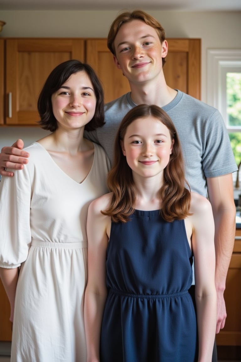 Candid and joyful family portrait of a family standing in their kitchen. Mother, middle-aged, with her sleek bobbed black hair and white cheesecloth dress, stands tall alongside father, his copper-blond locks and freckled skin a perfect complement his athletic build. 20-year-old daughter beams with excitement, her long black tresses framing her bright smile as she wears a dark blue summer dress that pops.