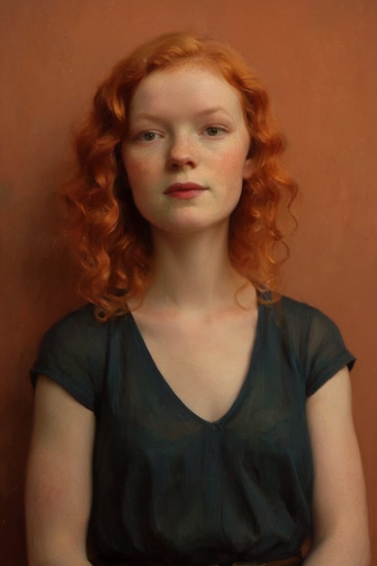 Woman, 25 years old, pale skin, curly straight red hair, fat.
Against the plain, terracotta backdrop of an Art Deco design, a charismatic individual poses waist-up, their dark brown hair styled with subtle texture and light brown eyes locking onto the camera lens with unbridled confidence. The soft, warm glow illuminates them highlighting delicate features and accentuating their figure.