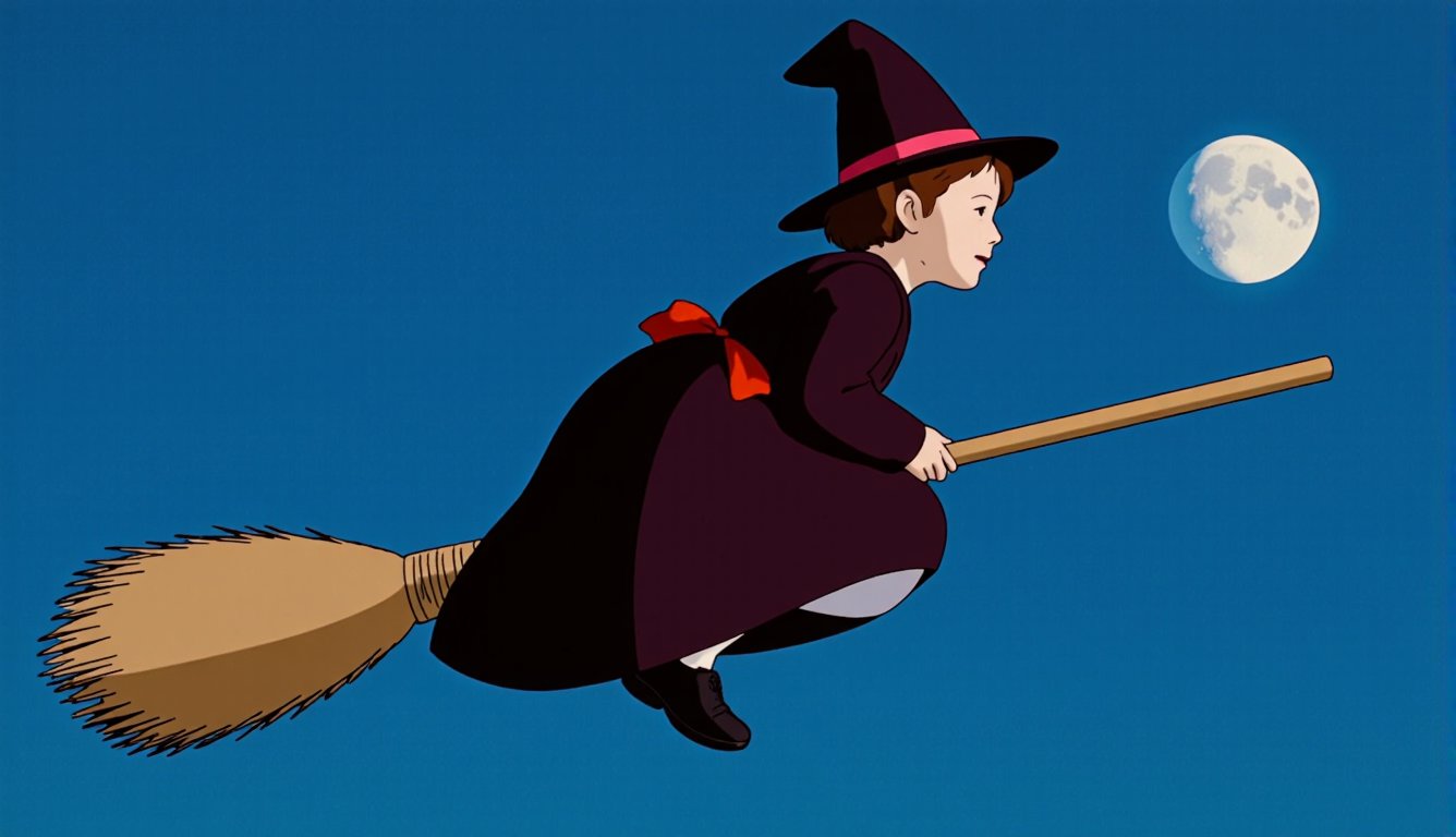 A young witch flying on a broom, kikis delivery service