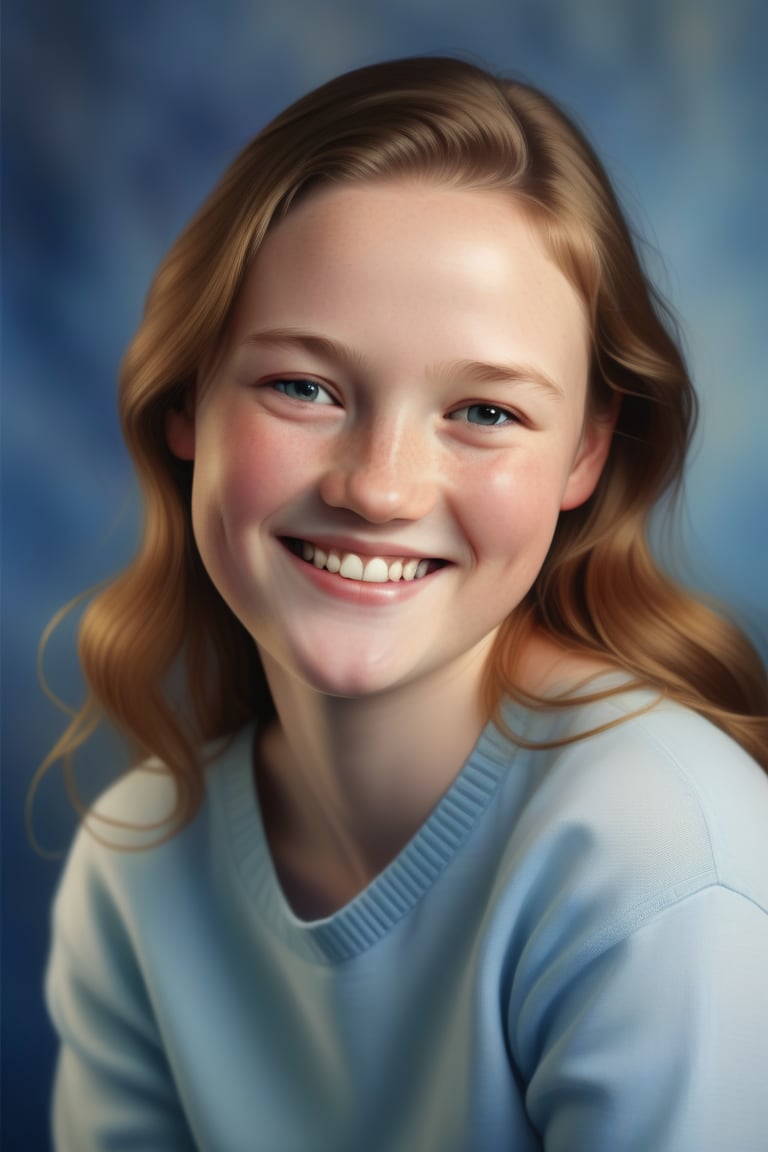 Realistic portrait studio photograph. A young woman, smiling, zoe