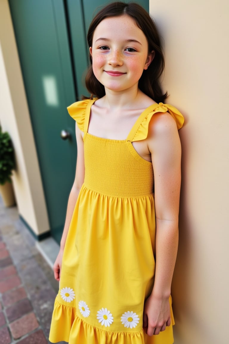 A tall, slim 13-year-old girl casually leans against a wall. She wears a flowing yellow sundress with white flowers embroidered along the hem, long straight blck hair tied back with a ribbon. Her brown eyes gaze straight at the camera, smiling gently. She has pale skin and freckles.