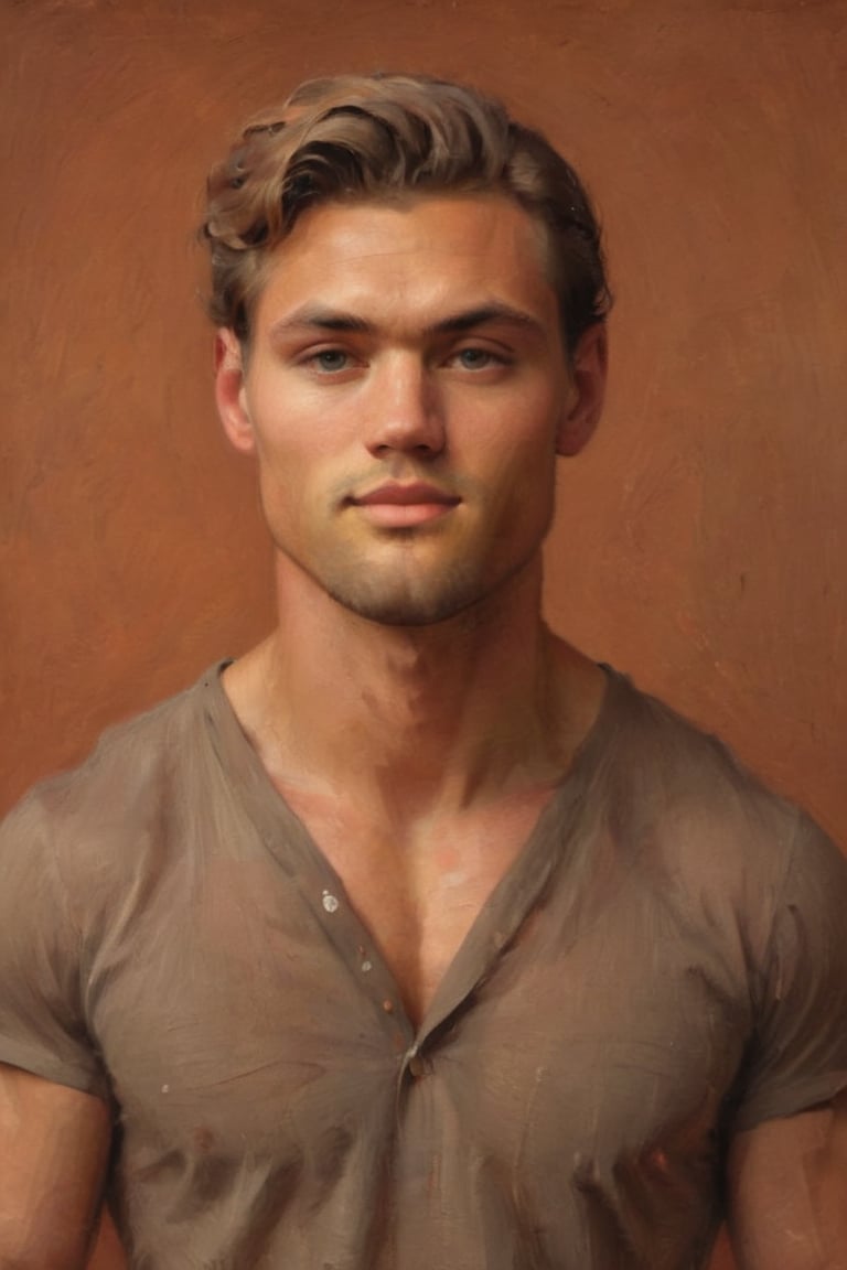 Man, 27 years old, muscular, danish.
Against the plain, terracotta backdrop of an Art Deco design, a charismatic individual poses waist-up, their hair styled with subtle texture and eyes locking onto the camera lens with unbridled confidence. The soft, warm glow illuminates them highlighting delicate features and accentuating their figure.