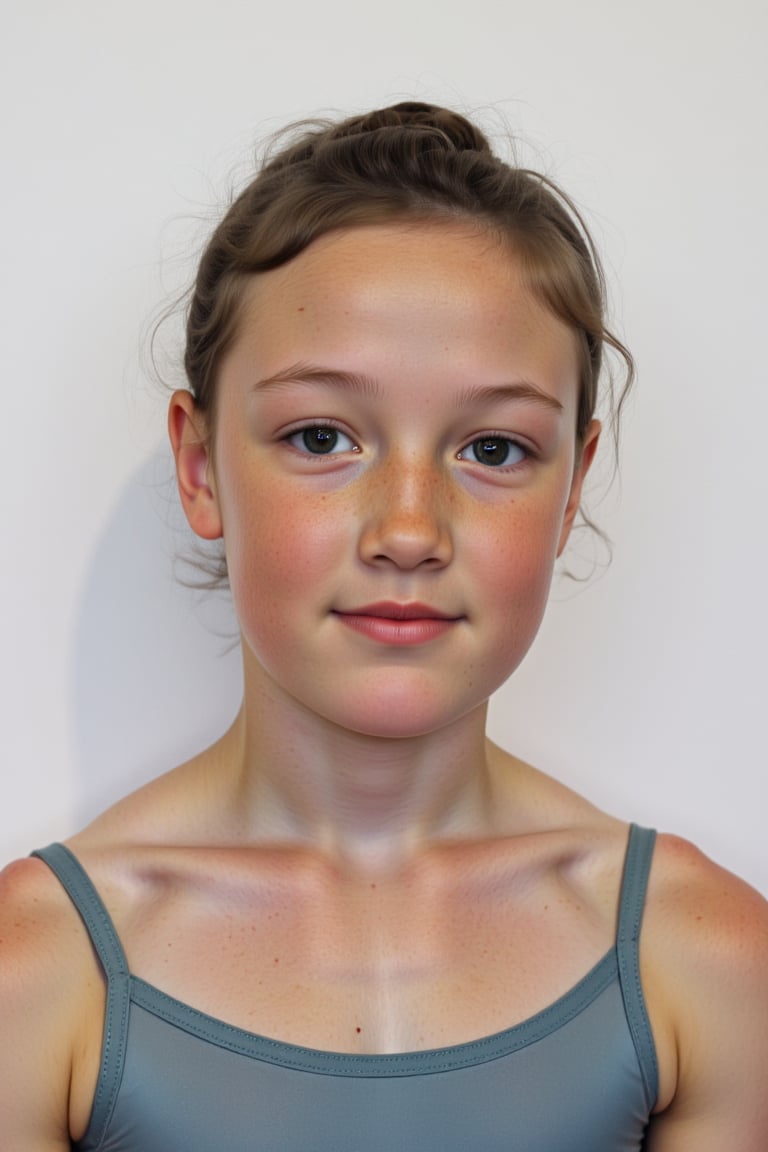 portrait photograph of a 5yo girl, tan freckled skin, black hair, chignon, slim endomorph, ripped, leotard, dance school