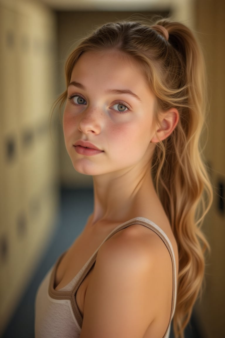 Wide angle shot of a 18-year-old girl, sporting long  hair in a ponytail and  flawless skin, capturing her youthful essence. She stands slightly turned with one leg bent, her gaze directly into the camera lens. Wide spaced blue eyes. Soft natural light illuminates the scene, casting a warm glow on her features. The composition focuses on her face, with the locker room's beige walls subtly blurred in the background