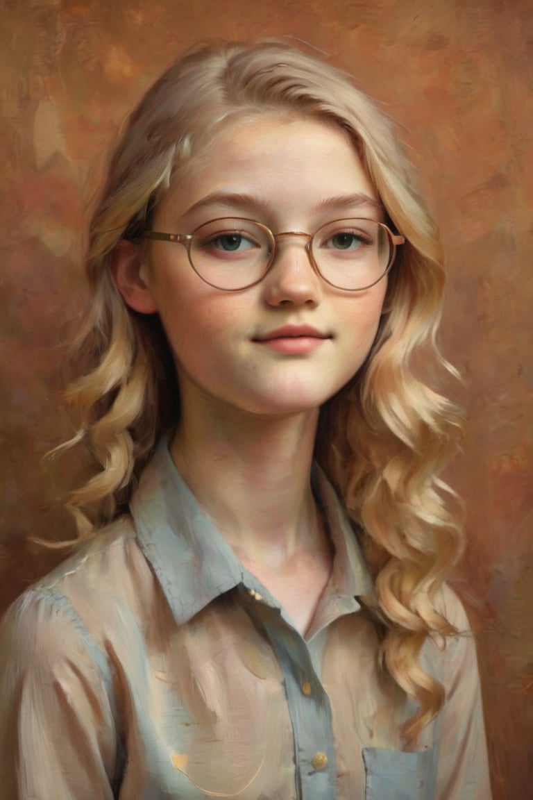 Girl 13 year old, blonde, glasses.
Against the plain, terracotta backdrop of an Art Deco design, a charismatic individual poses waist-up, their hair styled with subtle texture and eyes locking onto the camera lens with unbridled confidence. The soft, warm glow illuminates them highlighting delicate features and accentuating their figure.