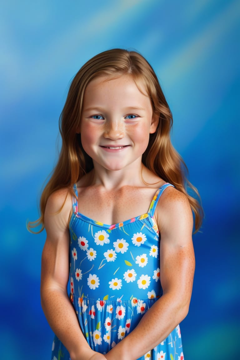 A radiant golden light bathes the 8-year-old girl's muscular body in a studio setting, accentuating her tan freckled skin. She wears a flower-patterned summer dress. Long light-brown hair with red highlights reaches to her waist. The camera captures her slim muscular features, highlighting the warm and innocent glow of her closed_mouth_smile. Her bright blue eyes sparkle with joy, beaming directly at the viewer as he radiates warmth and optimism.