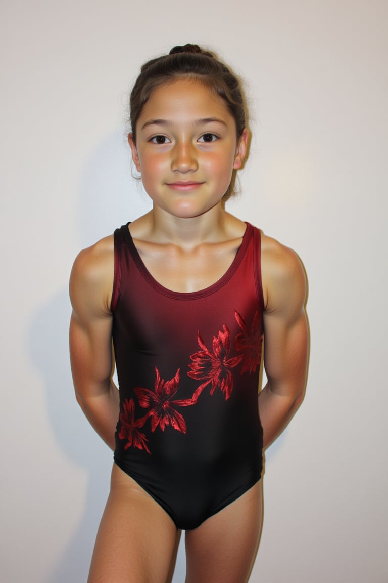 portrait photograph of a 5yo girl, tan freckled skin, black hair, chignon, slim endomorph, ripped, leotard, dance school