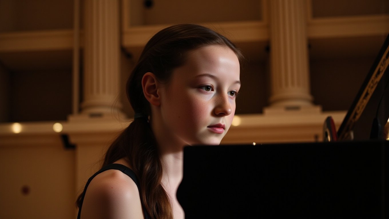 A delicate young girl with tall and slender build, striking features, and long black hair in a ponytail sits poised at the grand piano in a majestic concert hall. Softly lit by subtle stage lighting, her porcelain-like complexion is accentuated by a sprinkling of freckles across the bridge of her nose. The camera frames her from the waist up, showcasing her intricate skin pores as she concentrates on her performance, her slender fingers dancing across the keys.,detailed skin pore style