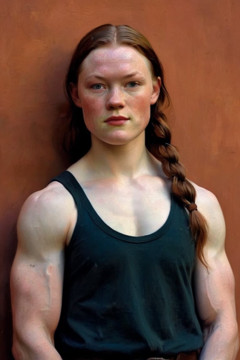 Woman, 23 years old, pale skin, long hair in plait.
Against the plain, terracotta backdrop of an Art Deco design, a charismatic individual poses waist-up, their dark brown hair styled with subtle texture and light brown eyes locking onto the camera lens with unbridled confidence. The soft, warm glow illuminates them highlighting delicate features and accentuating their figure.