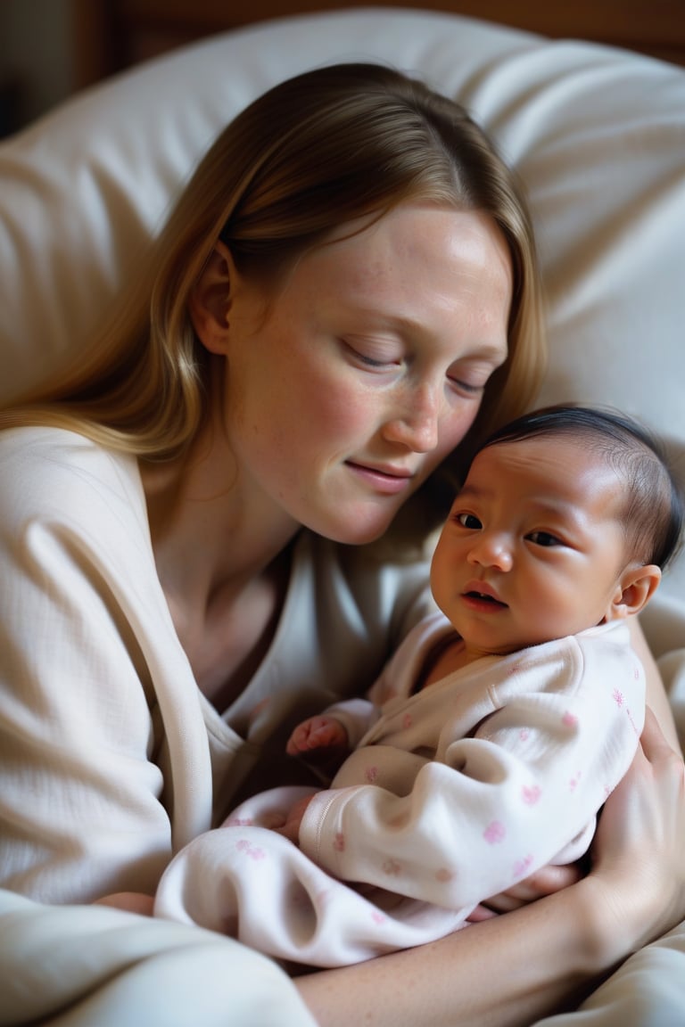 Newborn baby, daerk tan skin, tuft of black hair.