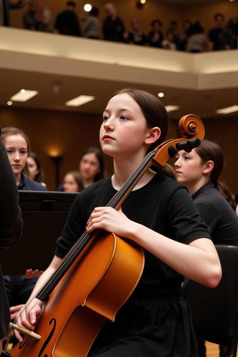 A delicate young girl with tall and slender build, striking features, and long black hair in a ponytail sits poised playing a cello in a majestic concert hall. Softly lit by subtle stage lighting, her porcelain-like complexion is accentuated by a sprinkling of freckles across the bridge of her nose. The camera frames her from the waist up, showcasing her intricate skin pores as she concentrates on her performance, her slender fingers dancing across the keys.,detailed skin pore style