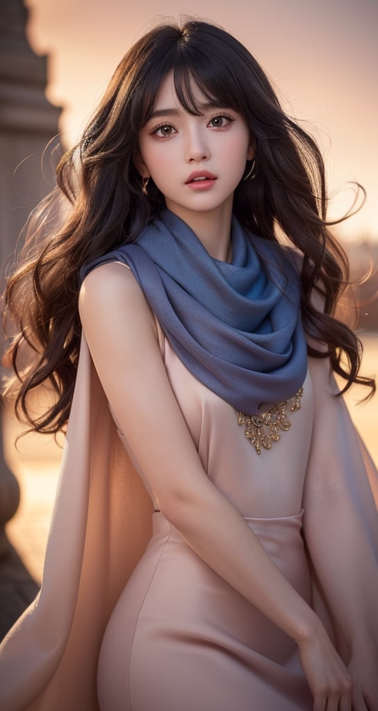 (extremely detailed CG unity 8k wallpaper),(((masterpiece))), (((best quality))), ((ultra-detailed)), (best illustration),(best shadow), ((an extremely delicate and beautiful)),dynamic angle,floating, solo,((1girl)),{long wavy curly hair},expressionless,,silk shawl, frills,cute anime face,blush,(beautiful detailed eyes),Extremely Realistic,1 girl,JeeSoo